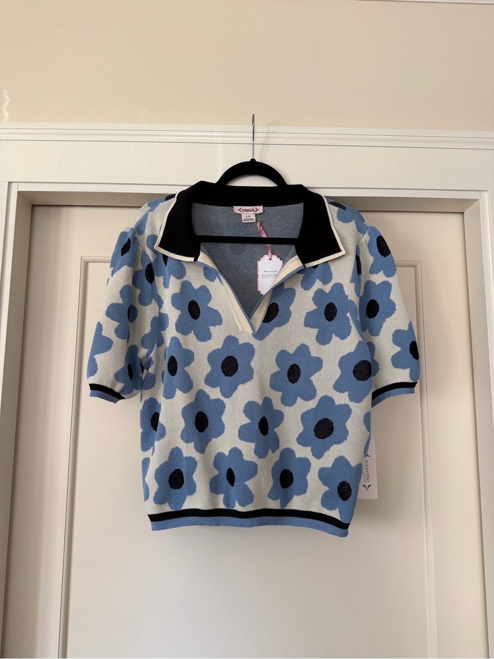 Nanette Lepore Blue Cream Daisy Flower Polo Puff Sleeve Sweater L NWT